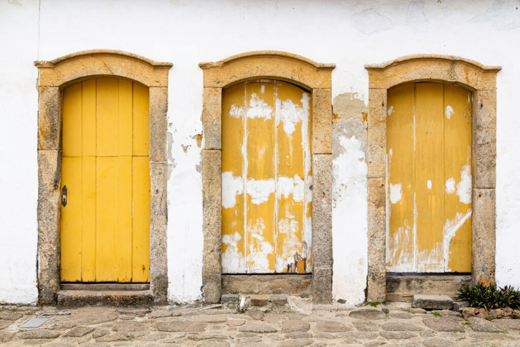 Doors and Windows at the center in Paraty, Rio de Janeiro, Brazil. Paraty is a preserved Portuguese colonial and Brazilian Imperial municipality