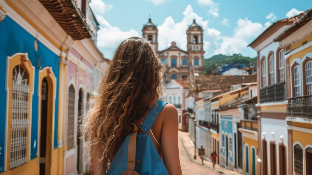 Travel to Mariana, Brazil's Minas Gerais. Girl traveler touring Mariana, a historic town with baroque colonial architecture. In the Brazilian state of Minas Gerais, Mariana is the oldest city.