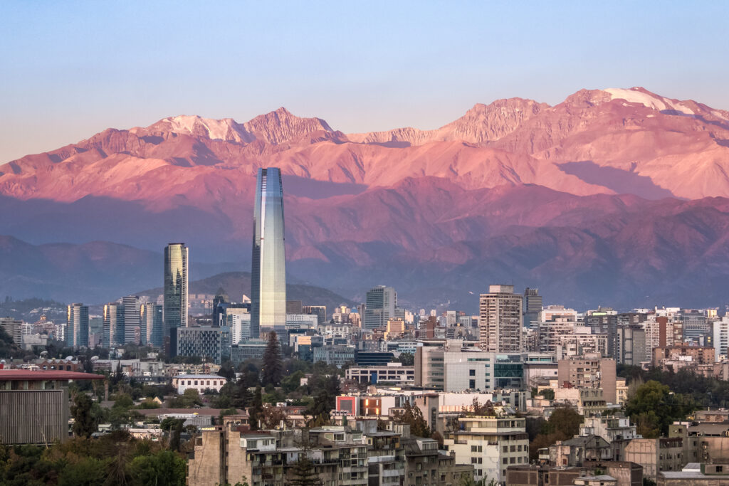 Aaerial view of Santiago skyline at sunset with Costanera skyscr