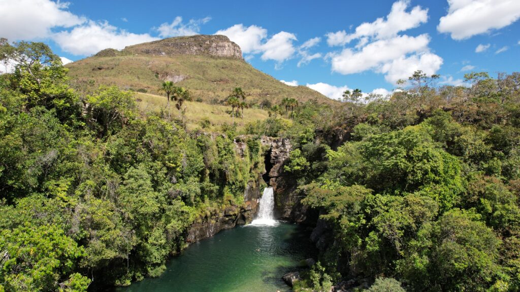 Aerial,View,Green,Water,Of,The,Rei,Do,Prata,Waterfall