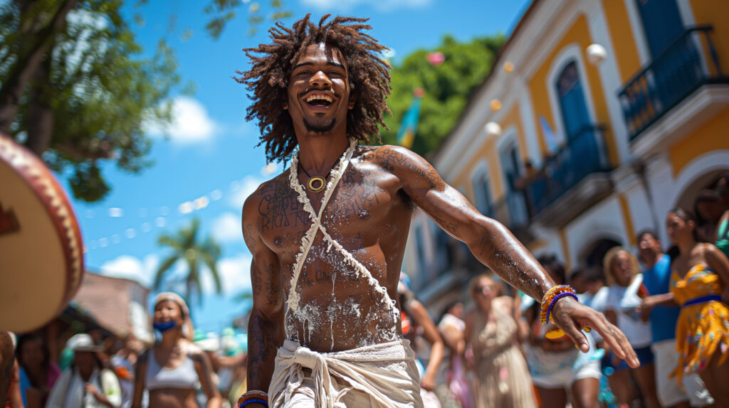 In a historic square in Salvador, Bahia, the birthplace of capoeira, a diverse group of practitioners gathers to celebrate the rich cultural heritage of the art form, their energet